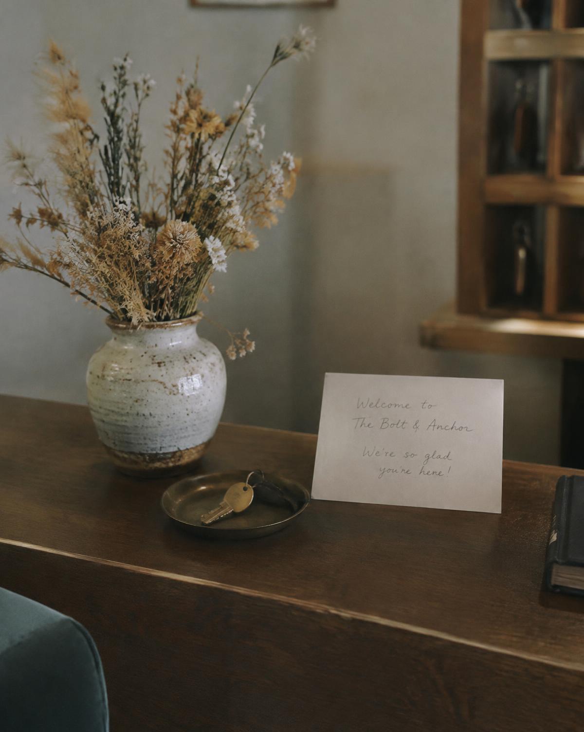 Key and welcome card on a reception desk