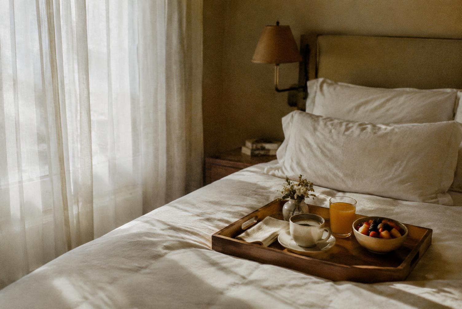 Breakfast tray on a freshly made bed