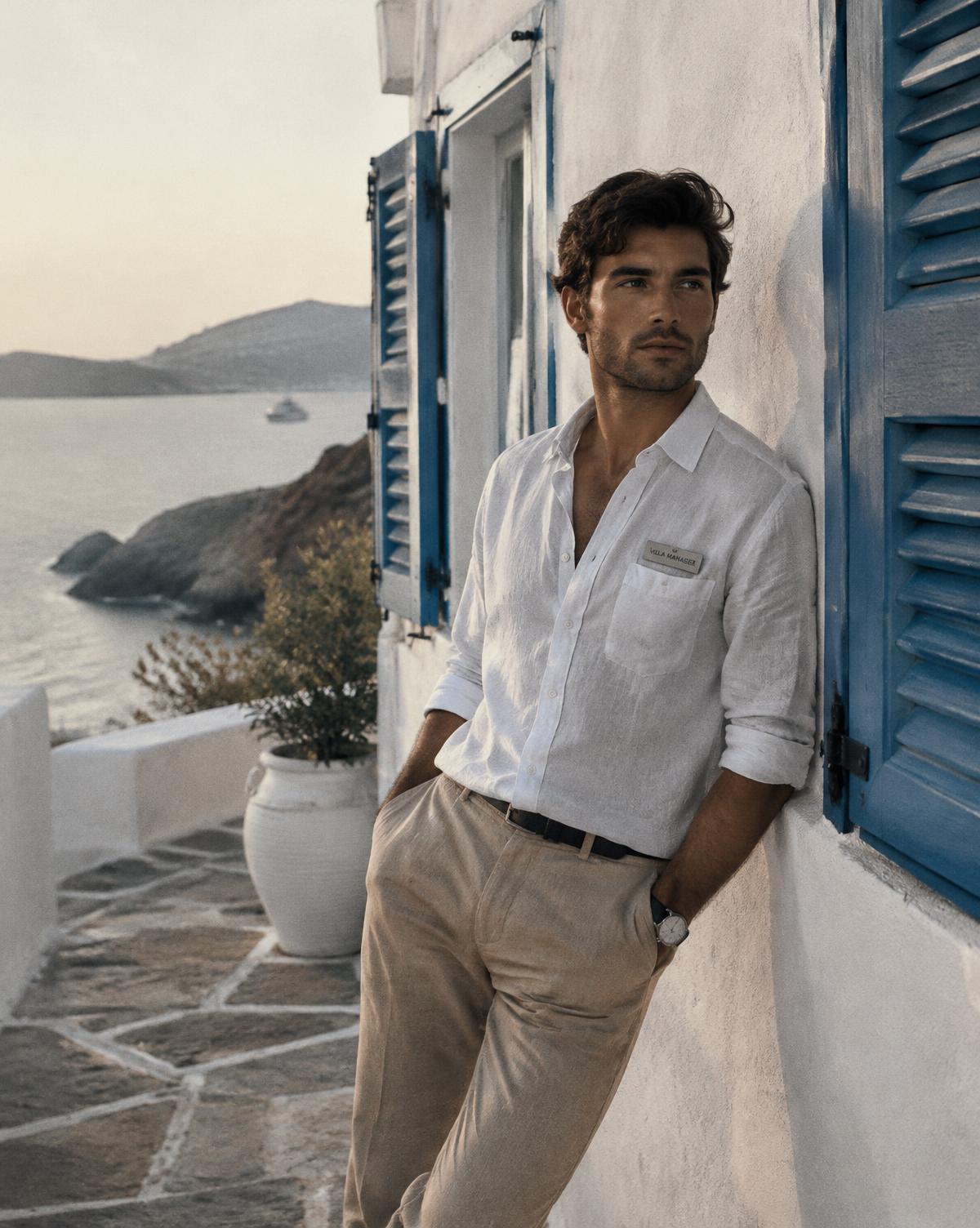 Portrait against a white wall with blue shutters